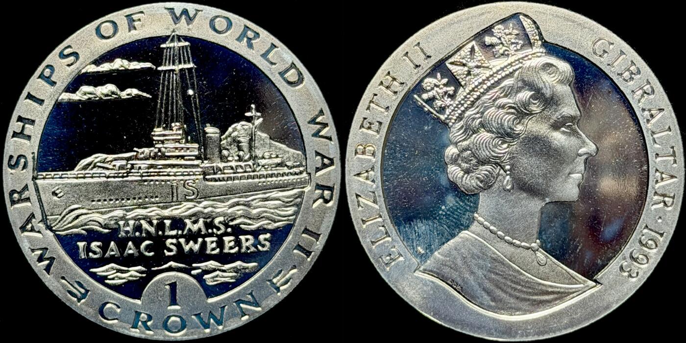 ＜星葵🌻钱币社＞第72期·东奔西走的硬币·3月31日发货 直布罗陀1993年二战战舰·艾萨克·斯维斯1克朗纪念币