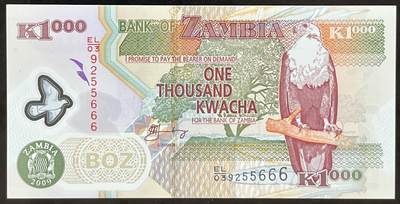 小福收藏拍卖第203期 裸钞场 本期有多张豹子号靓号 仅发行1000枚亚克力砖封蒙古20000图格里克帝国800周年纪念钞 瑞士200法郎 百慕大样钞洋葱冠全套 巴林首版大全套 卡塔尔四张套 越南 保加利亚 马其顿等多国精美纸币 - 赞比亚 2009年 1000克瓦查 塑料钞 无47 豹子号666 unc