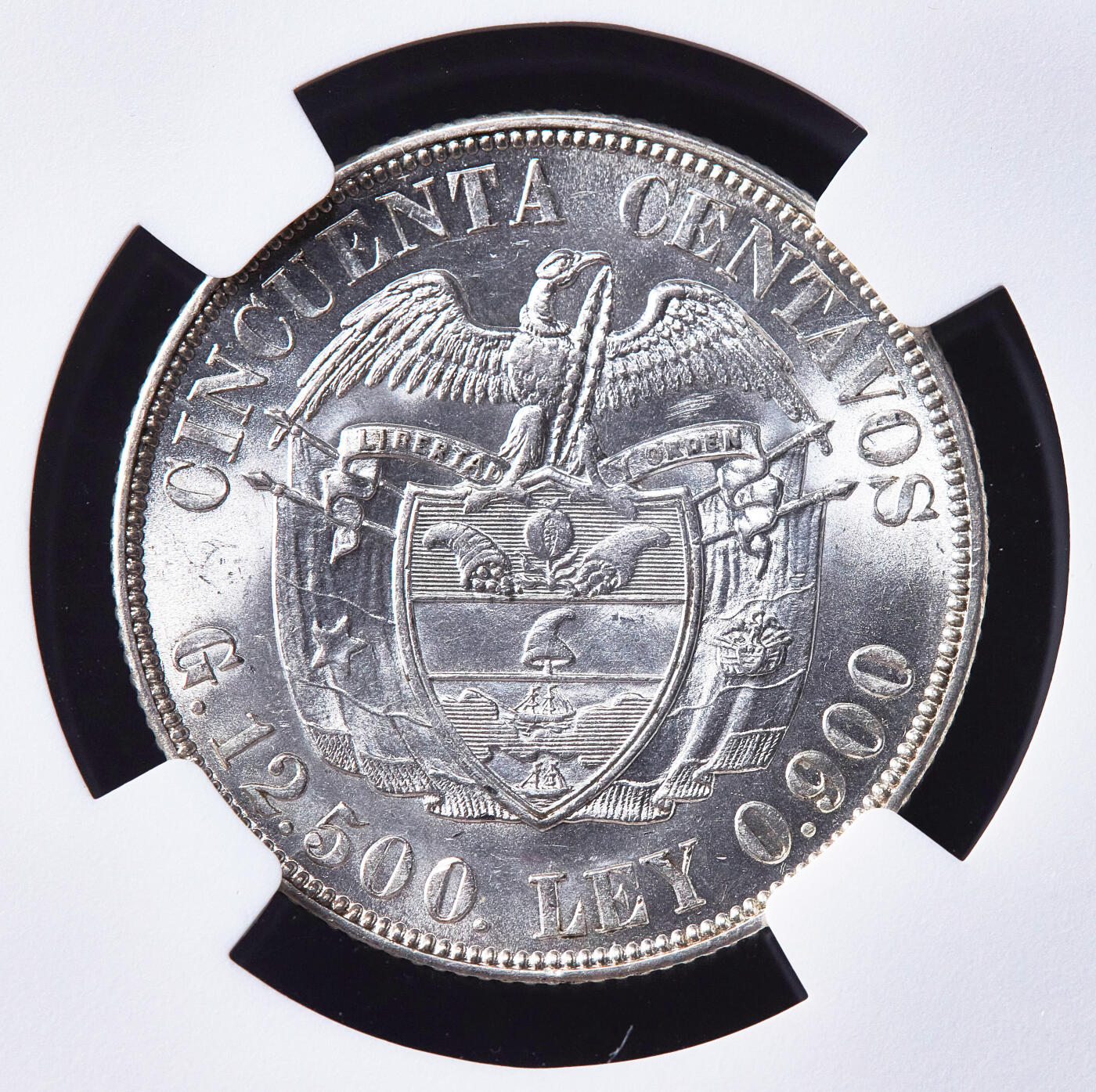 【俄甄集藏】2026年(050)04-01星期三 晚 19:30 全场包邮 哥伦比亚1934年美洲独立运动领袖西蒙·玻利瓦尔头像50分银币，NGC MS61，原光品相，好品难得，费城代铸