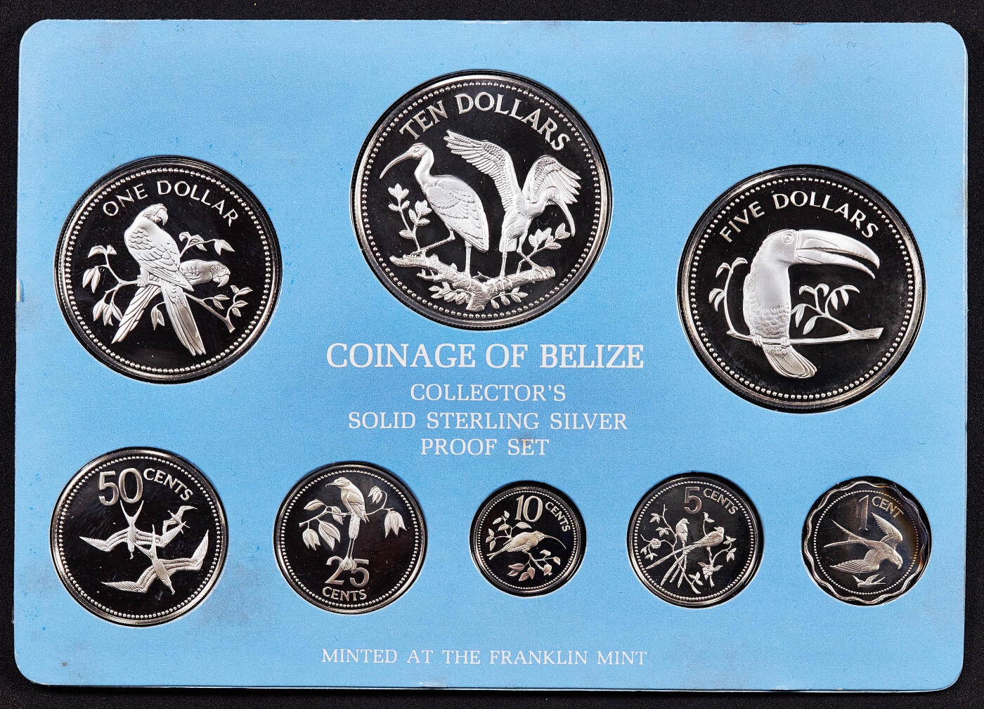 【俄甄集藏】2026年(050)04-01星期三 晚 19:30 全场包邮 伯利兹1980年1分-10元野生鸟类精制纯银硬币8枚全套，原盒证，富兰克林造币厂出品，总重98.49克，925银，发行量1826套，设计精美，保存完好难得