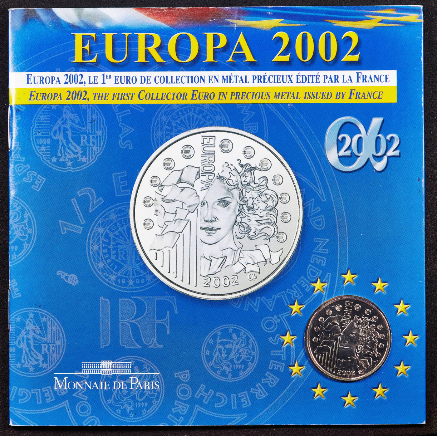 【俄甄集藏】2026年(050)04-01星期三 晚 19:30 全场包邮 法国2002年纪念欧盟欧元单一合法硬币实施1/4欧元卡装银币，重13克，900银，发行量20000枚