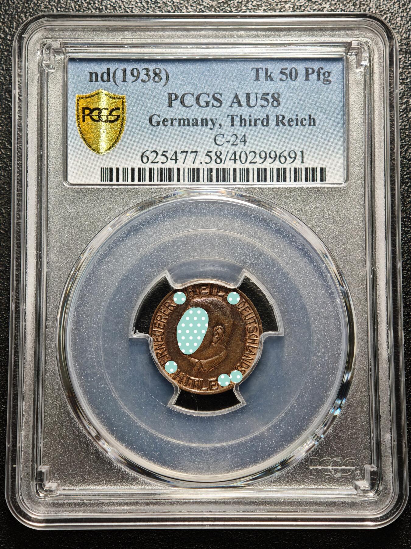 【德藏】世界币章拍卖第169期（拍品征集中~欢迎藏友联系） 1938年 德国民族社会主义工人党党首头像50芬尼捐赠代用币铜币 PCGS AU58（原图请查询PCGS评级公司官网）