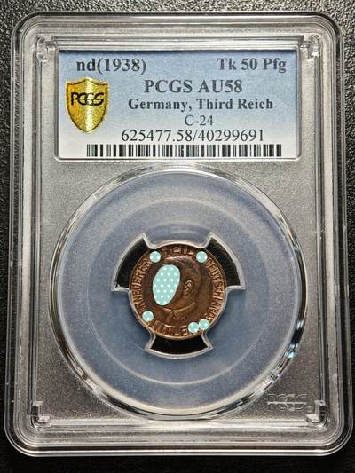 【德藏】世界币章拍卖第169期（拍品征集中~欢迎藏友联系） - 1938年 德国民族社会主义工人党党首头像50芬尼捐赠代用币铜币 PCGS AU58（原图请查询PCGS评级公司官网）