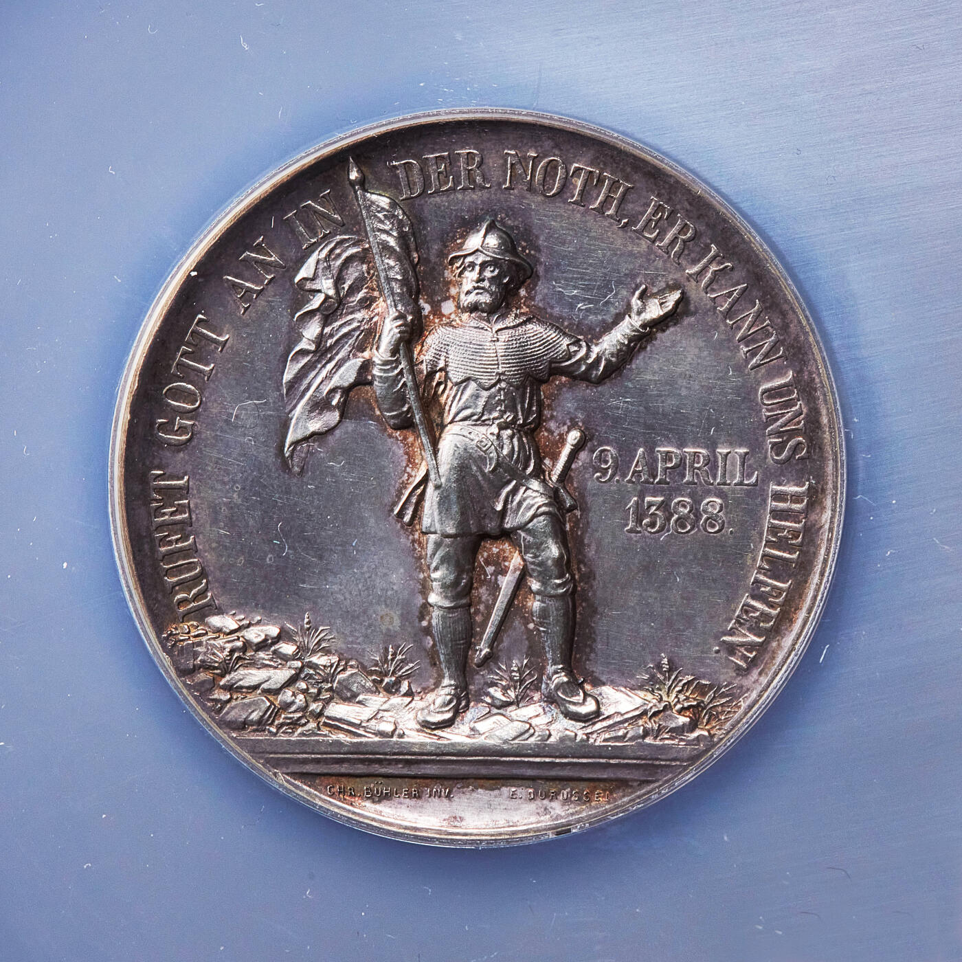 【俄甄集藏】2026年(050)04-01星期三 晚 19:30 全场包邮 瑞士1888年纪念反抗奥地利格拉鲁斯战役500周年大银章，NGC UNCD，直径：46mm，原味老包浆，雕刻家夏尔·比勒作品，名誉品种