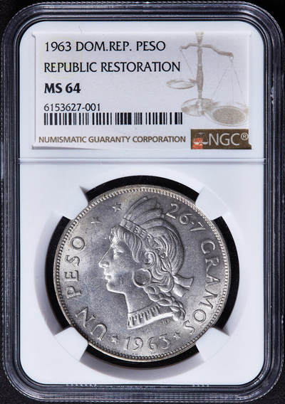 【俄甄集藏】2026年(050)04-01星期三 晚 19:30 全场包邮 - 多米尼加1963年纪念共和百年1比索大银币，NGC MS64，转光品相，经典品种
