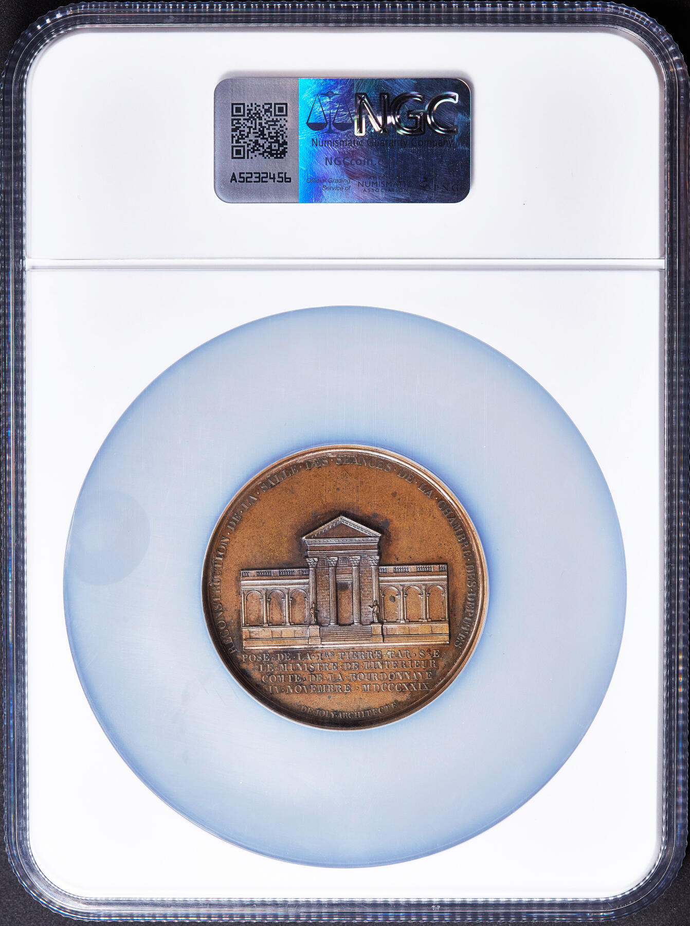 【俄甄集藏】2026年(050)04-01星期三 晚 19:30 全场包邮 法国1829年查理十世头像纪念众议院议事厅重建大铜章，NGC MS62，高浮雕，著名雕刻师加斯帕尔·加朗作品，直径：50mm，少见品种