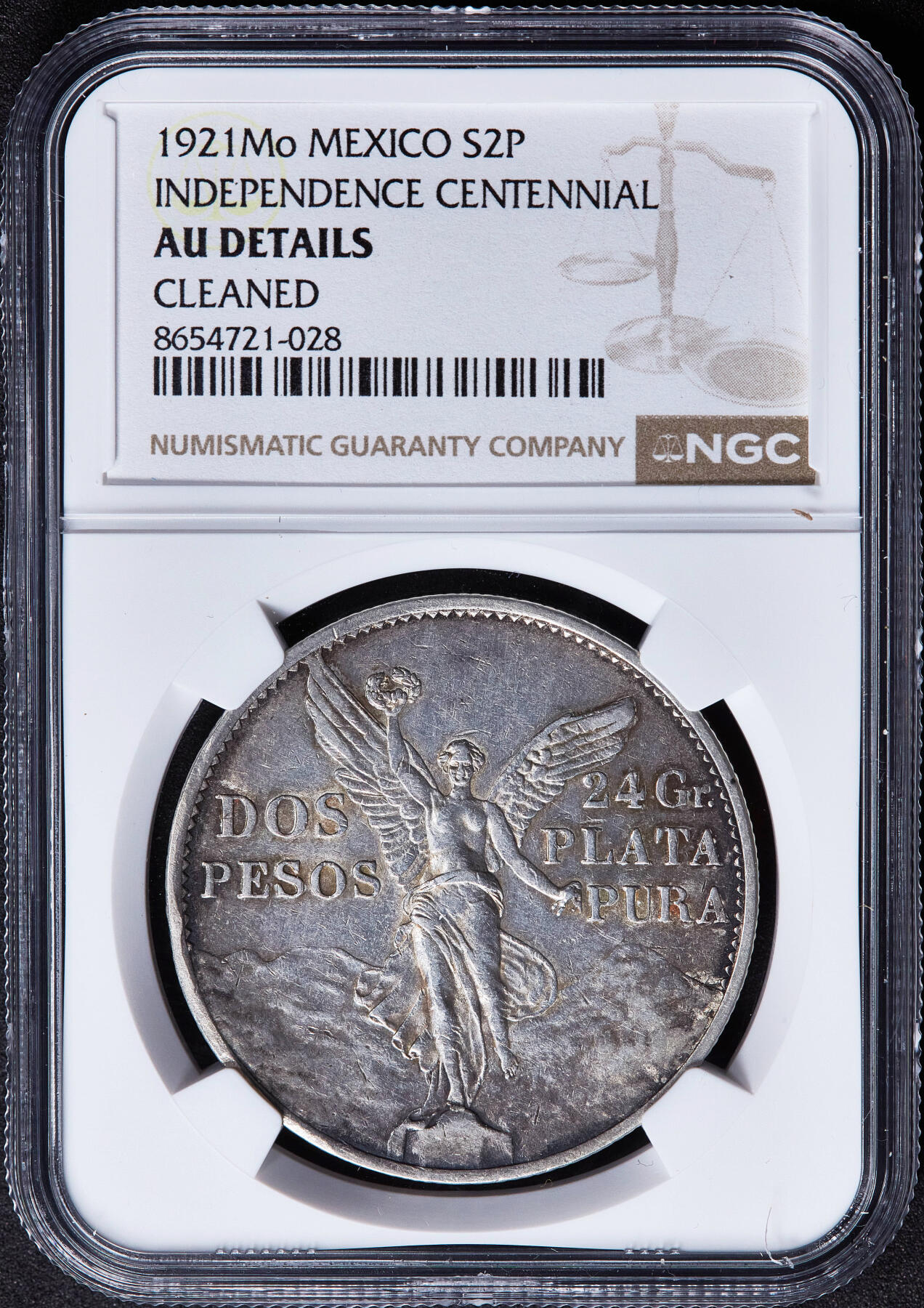 【俄甄集藏】2026年(050)04-01星期三 晚 19:30 全场包邮 墨西哥1921年Mo版纪念独立百年2比索大银币，NGC AUD，原味酱彩老包浆，经典品种