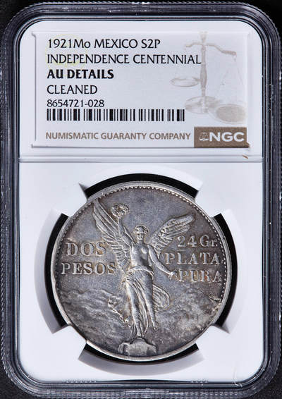 【俄甄集藏】2026年(050)04-01星期三 晚 19:30 全场包邮 - 墨西哥1921年Mo版纪念独立百年2比索大银币，NGC AUD，原味酱彩老包浆，经典品种