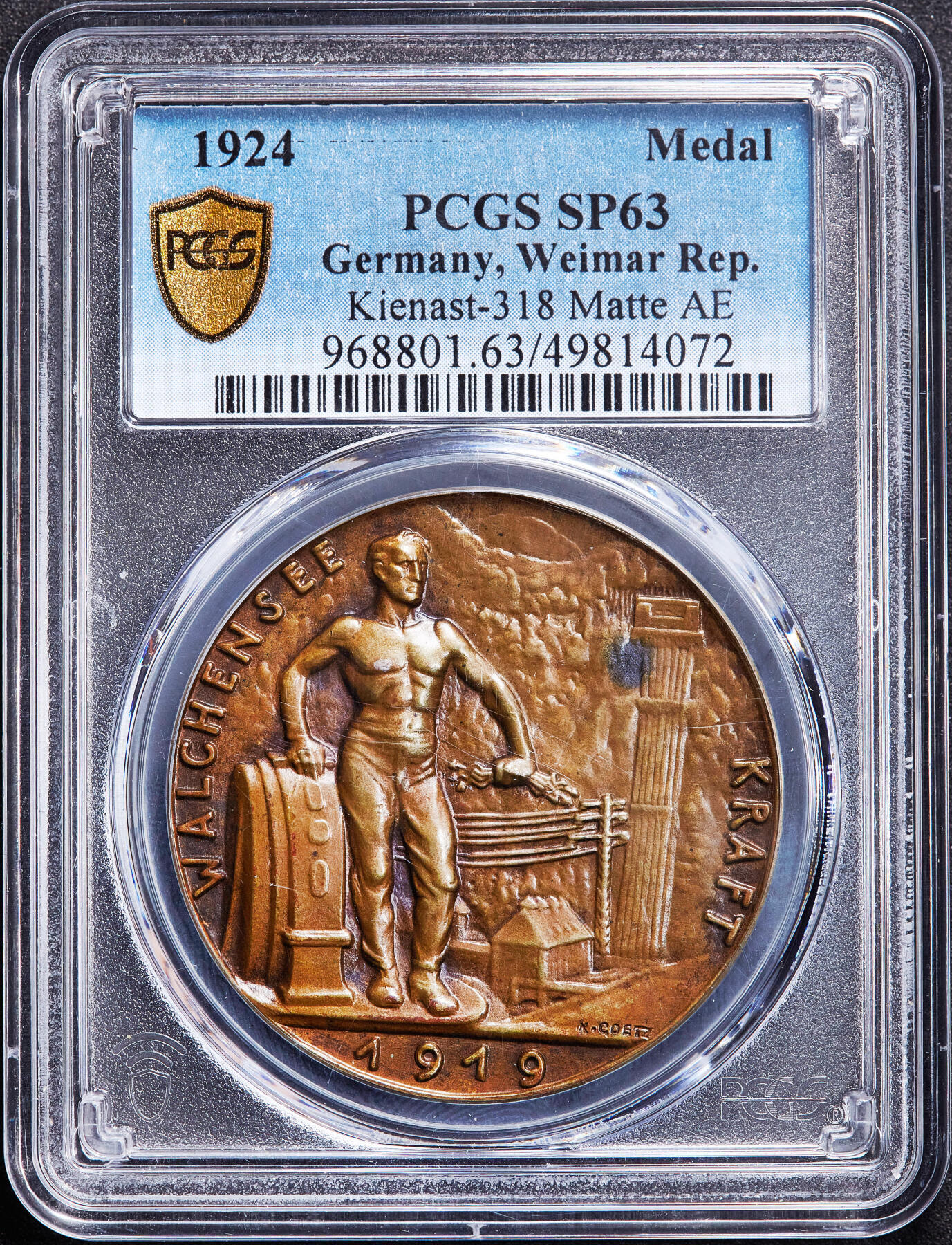 【俄甄集藏】2026年(050)04-01星期三 晚 19:30 全场包邮 德国魏玛1924年纪念巴伐利亚瓦尔兴湖水电站竣工大铜章，PCGS SP63，卡尔·哥茨作品，高浮雕，设计经典，唯一冠军分数，稀有品种