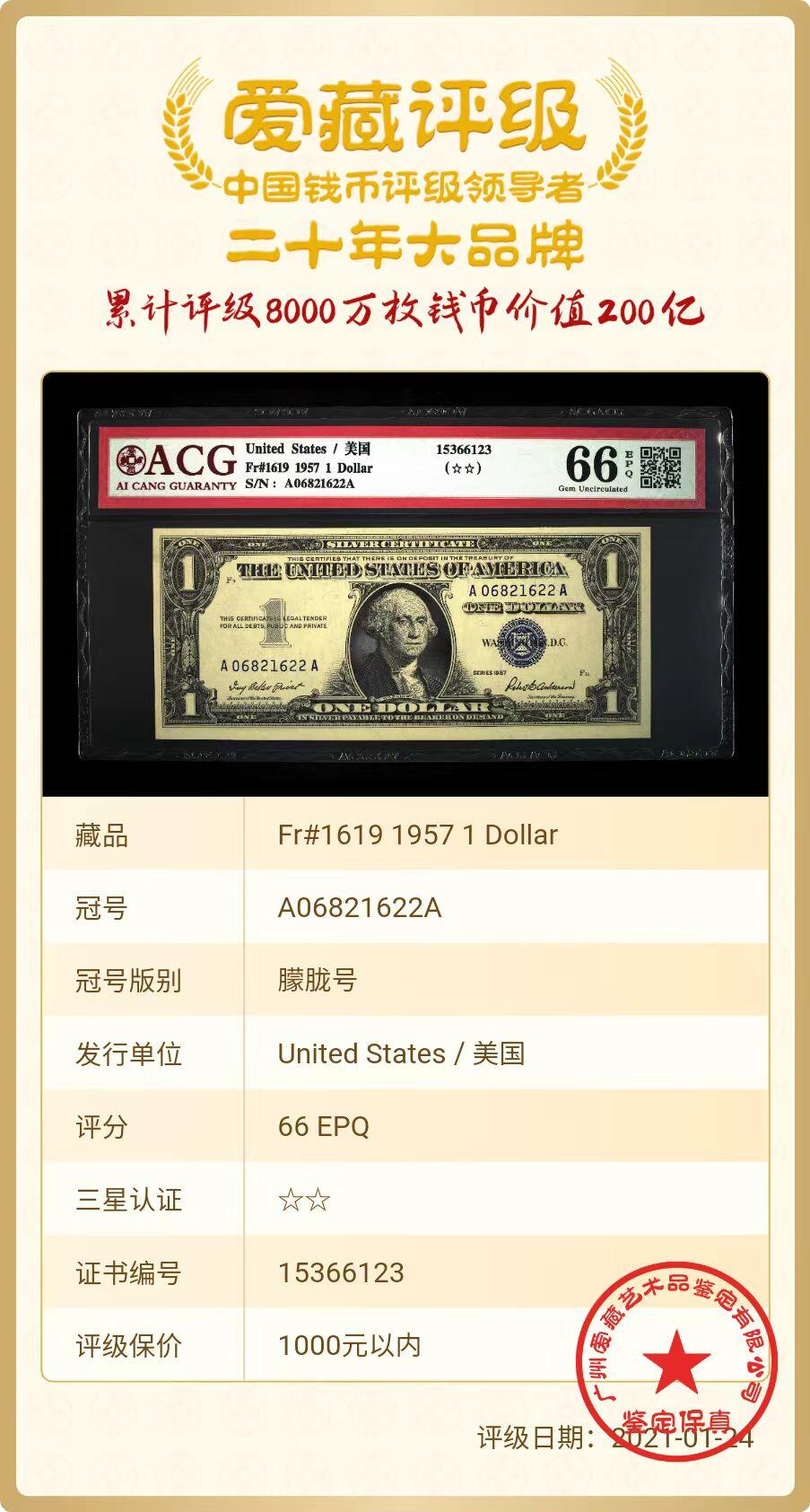 ACG评级美元 无47首发双A冠蓝库印1美元双尾22（错版斜切币尾评级号顺子123）