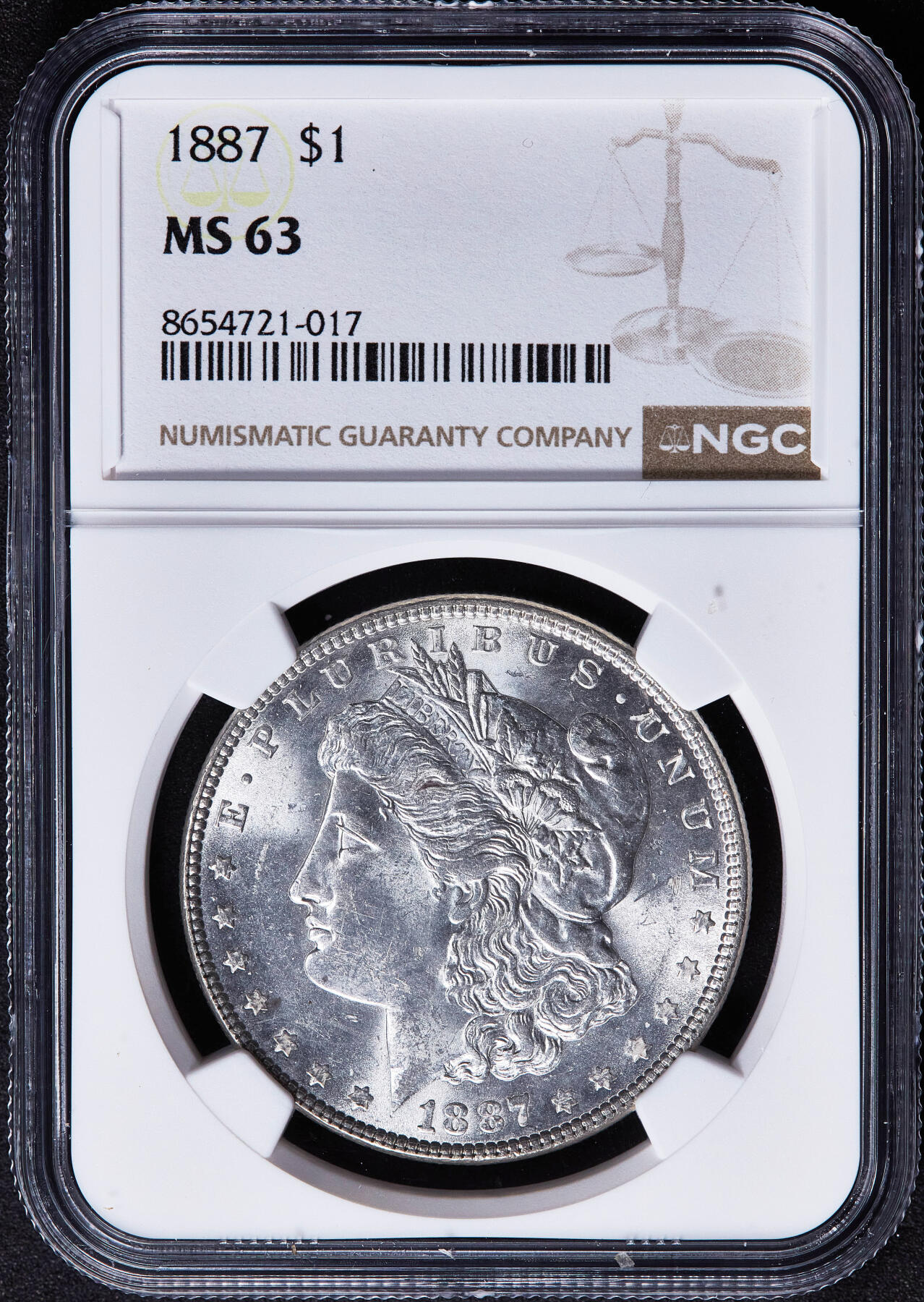 【俄甄集藏】2026年(050)04-01星期三 晚 19:30 全场包邮 美国1887年摩根1美元大银币，NGC MS63，转光品相