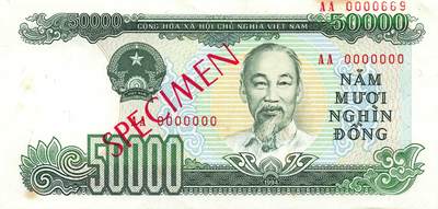 小福收藏拍卖第203期 裸钞场 本期有多张豹子号靓号 仅发行1000枚亚克力砖封蒙古20000图格里克帝国800周年纪念钞 瑞士200法郎 百慕大样钞洋葱冠全套 巴林首版大全套 卡塔尔四张套 越南 保加利亚 马其顿等多国精美纸币 - 越南 1994年 50000盾 AA冠 样钞 有黄和小角折 unc-