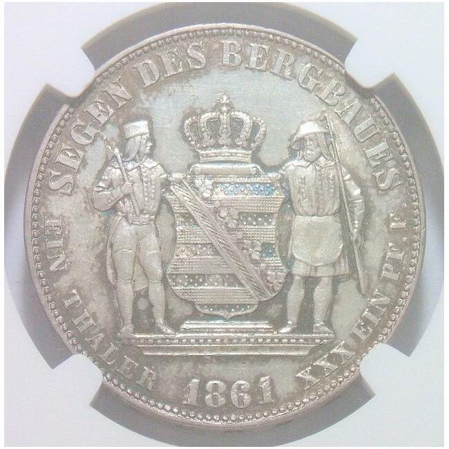 【银】NGC AU 德国萨克森1861年 矿业祈福1泰勒银币 初铸爽品