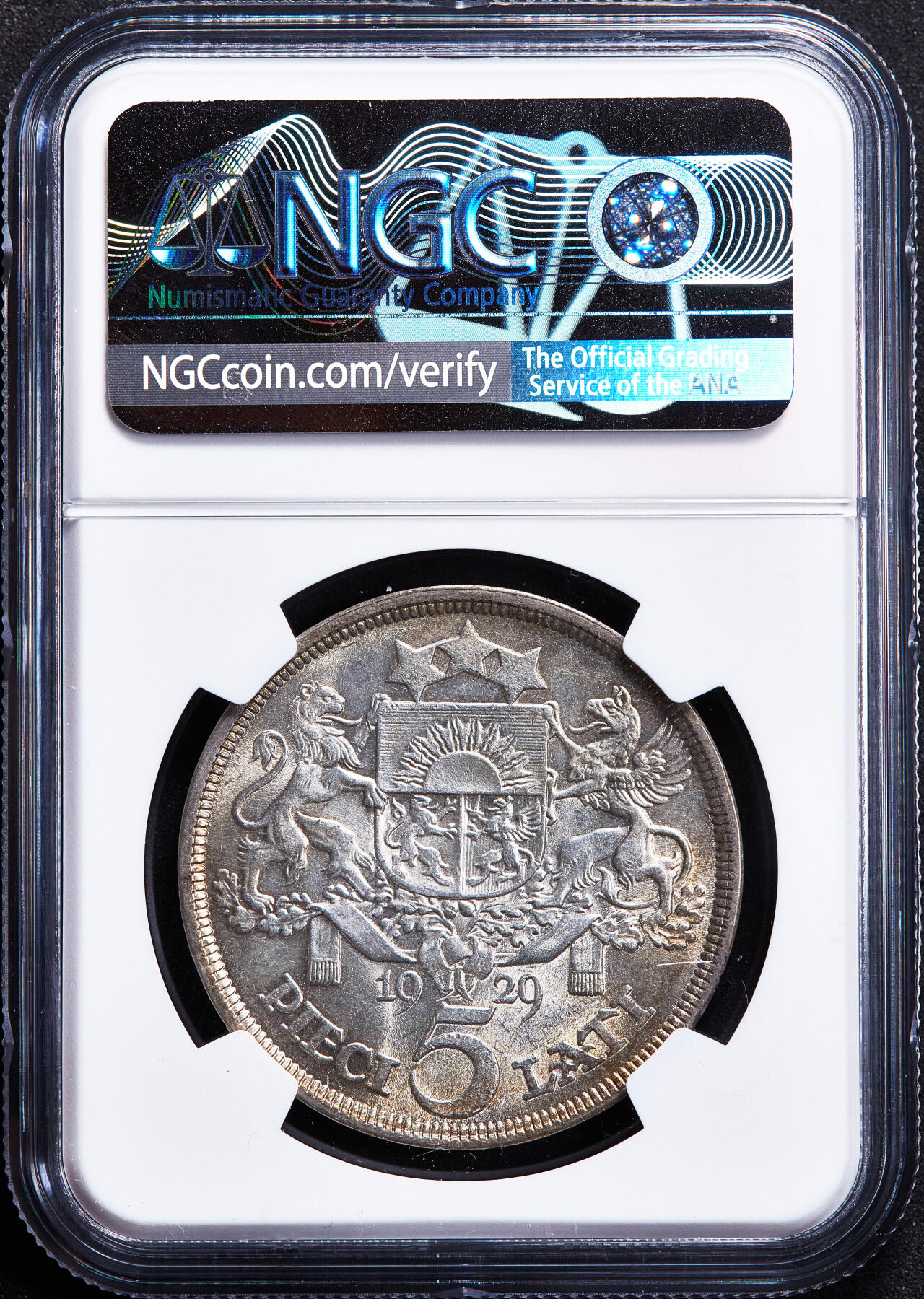 【俄甄集藏】2026年(050)04-01星期三 晚 19:30 全场包邮 拉脱维亚1929年女神版5拉特大银币，NGC MS62，黄油环彩，原光品相，首年份