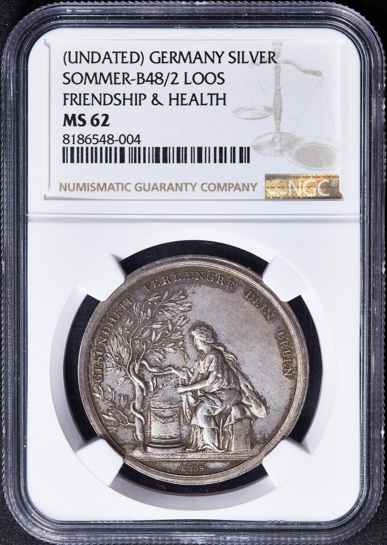 【俄甄集藏】2026年(050)04-01星期三 晚 19:30 全场包邮 德国18世纪双翼青春之神造像友好与健康祈福银章，NGC MS62，名家Loos作品，“健康让生命更长久，欢乐让时光更美好”，寓意佳，黄油彩原味包浆，稀少品种