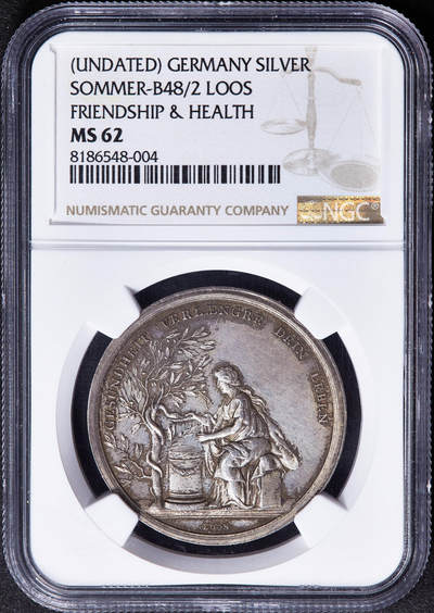 【俄甄集藏】2026年(050)04-01星期三 晚 19:30 全场包邮 - 德国18世纪双翼青春之神造像友好与健康祈福银章，NGC MS62，名家Loos作品，“健康让生命更长久，欢乐让时光更美好”，寓意佳，黄油彩原味包浆，稀少品种