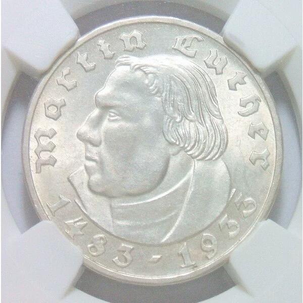 【银】NGC MS64 德国第三帝国1933年F版马丁路德2马克银币 开卷原光 发行量仅10万枚