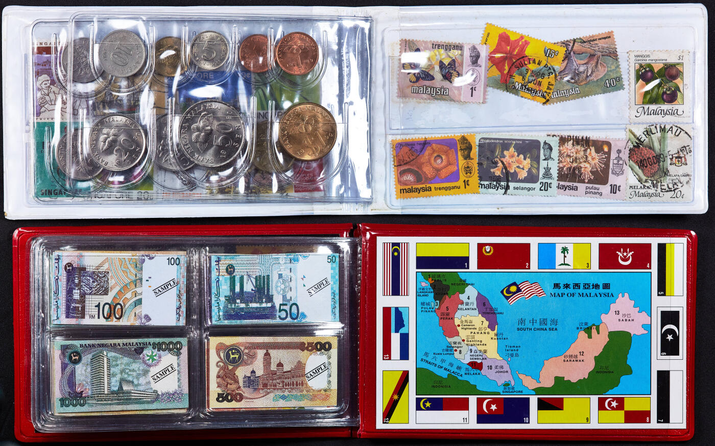 【俄甄集藏】2026年(050)04-01星期三 晚 19:30 全场包邮 新加坡、马来西亚旅游硬币、邮票纪念册2组，外皮有老化破损，见详图