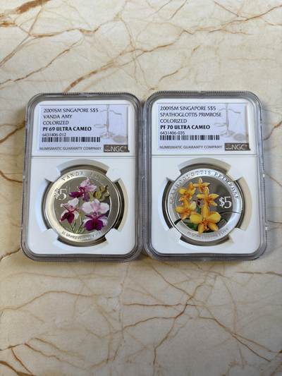 第194期拍卖 - 新加坡2009年花卉系列彩色20克纪念银币2枚套NGC-PF70-PF69,999银，20克*2
