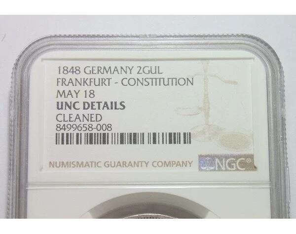 NGC UNC 德国法兰克福1848年双头鹰宪法2盾大银币 难得初铸原光 发行量仅3万枚