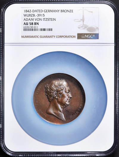【俄甄集藏】2026年(050)04-01星期三 晚 19:30 全场包邮 - 德国1842年纪念巴登自由派政治家亚当·冯·伊茨施泰因大铜章，NGC AU58，巧克力包浆，高浮雕，设计精美，少见品种，雕刻家卡尔·克里斯蒂安·施韦特作品，直径：55mm