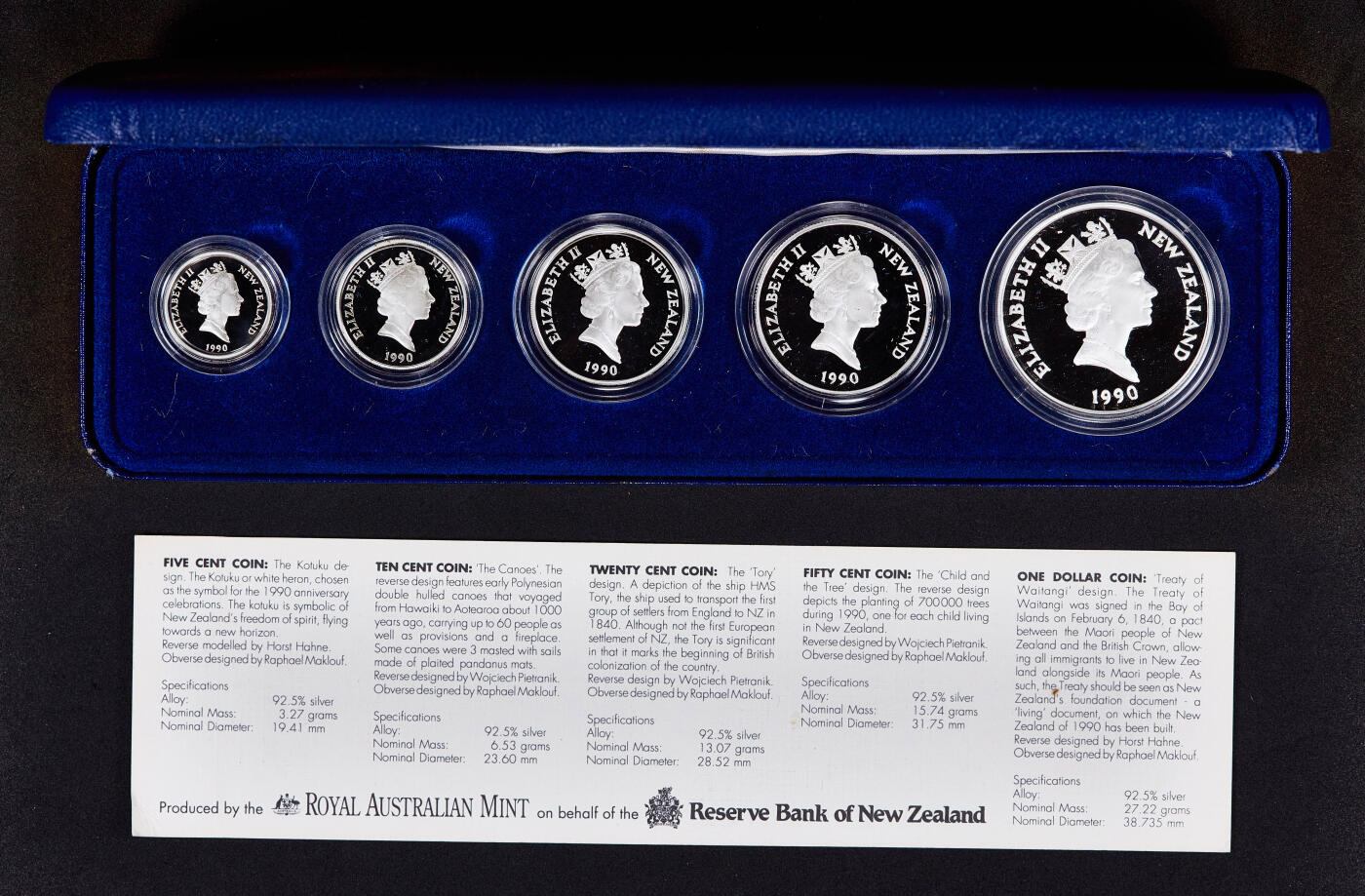 【俄甄集藏】2026年(050)04-01星期三 晚 19:30 全场包邮 新西兰1990年大事记5分-1元全银精制硬币5枚全套，原盒证，总重65.83克，925银，发行量7000套，纪念《怀唐伊条约》签署150周年、欧洲移民抵达新西兰200周年、一战澳新军团加里波利登陆75周年、奥克兰第14届英联邦运动会举办