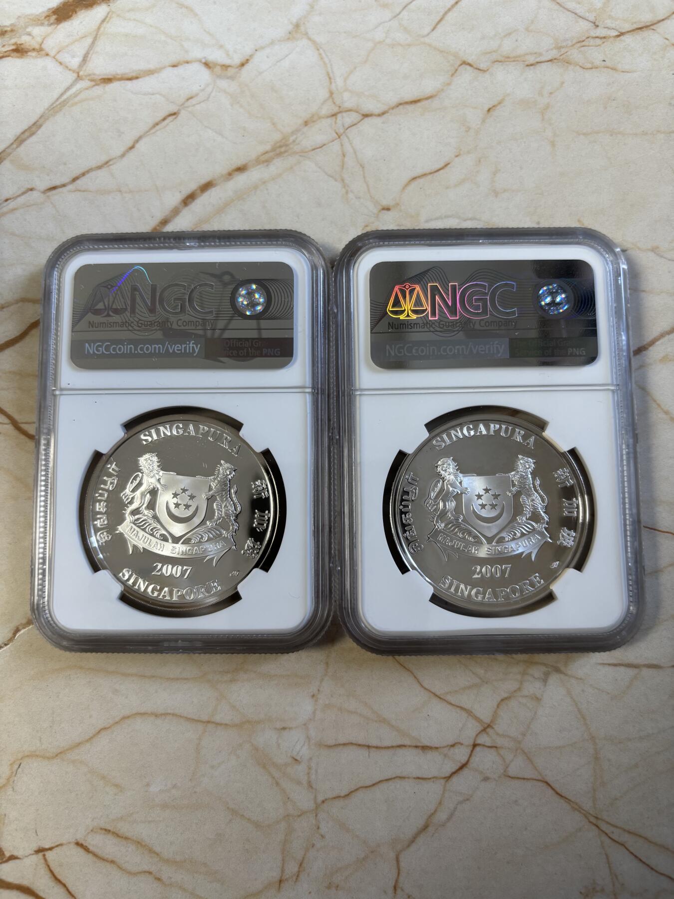 第194期拍卖 新加坡2007年花卉系列彩色20克纪念银币2枚套NGC-PF70-PF69,999银，20克*2