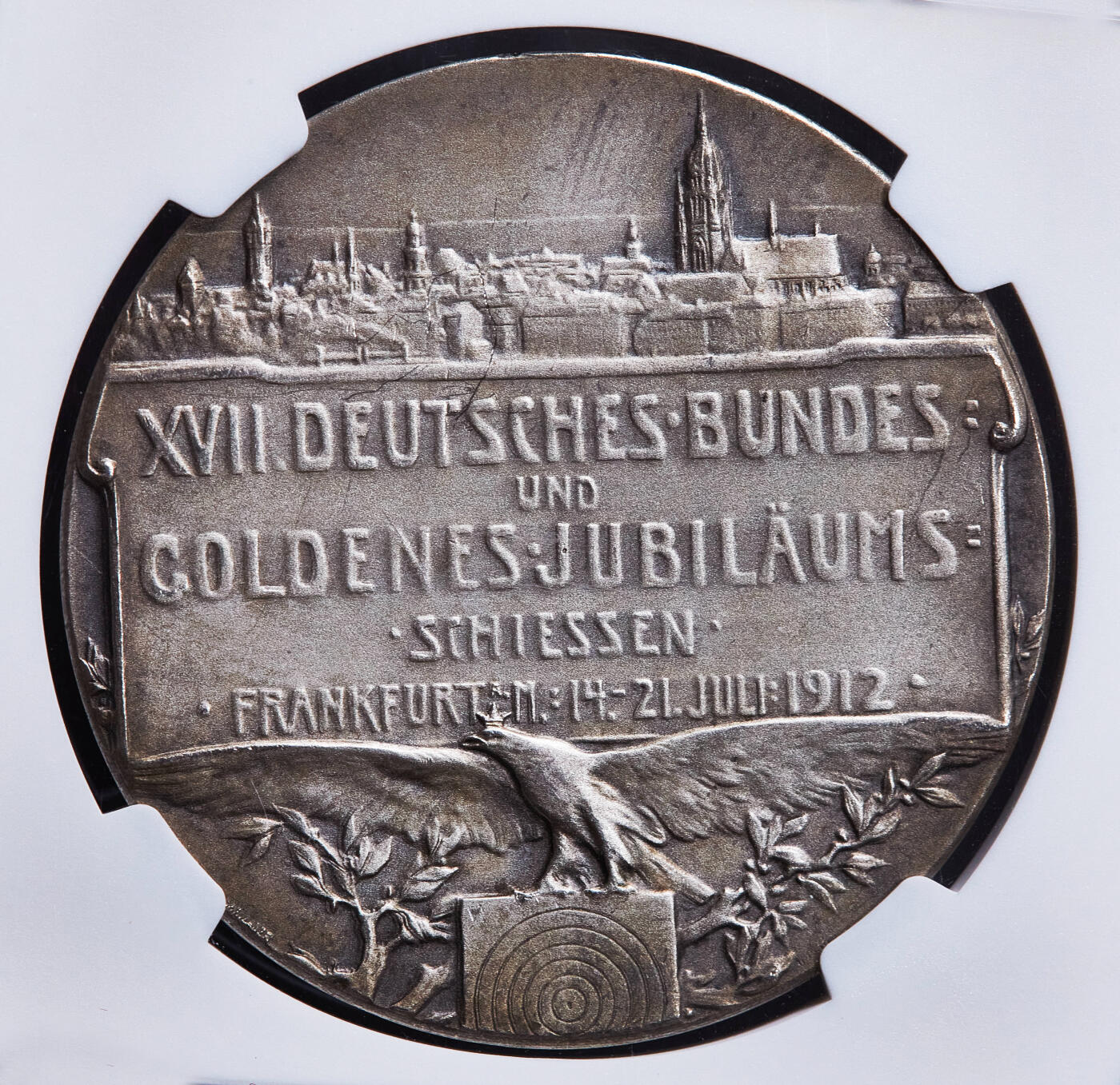 【俄甄集藏】2026年(050)04-01星期三 晚 19:30 全场包邮 德国1912年海因里希亲王头像纪念法兰克福第十七届联邦射击节暨金禧大银章，NGC MS63MATTE，黄油彩老包浆，高浮雕，名誉品种