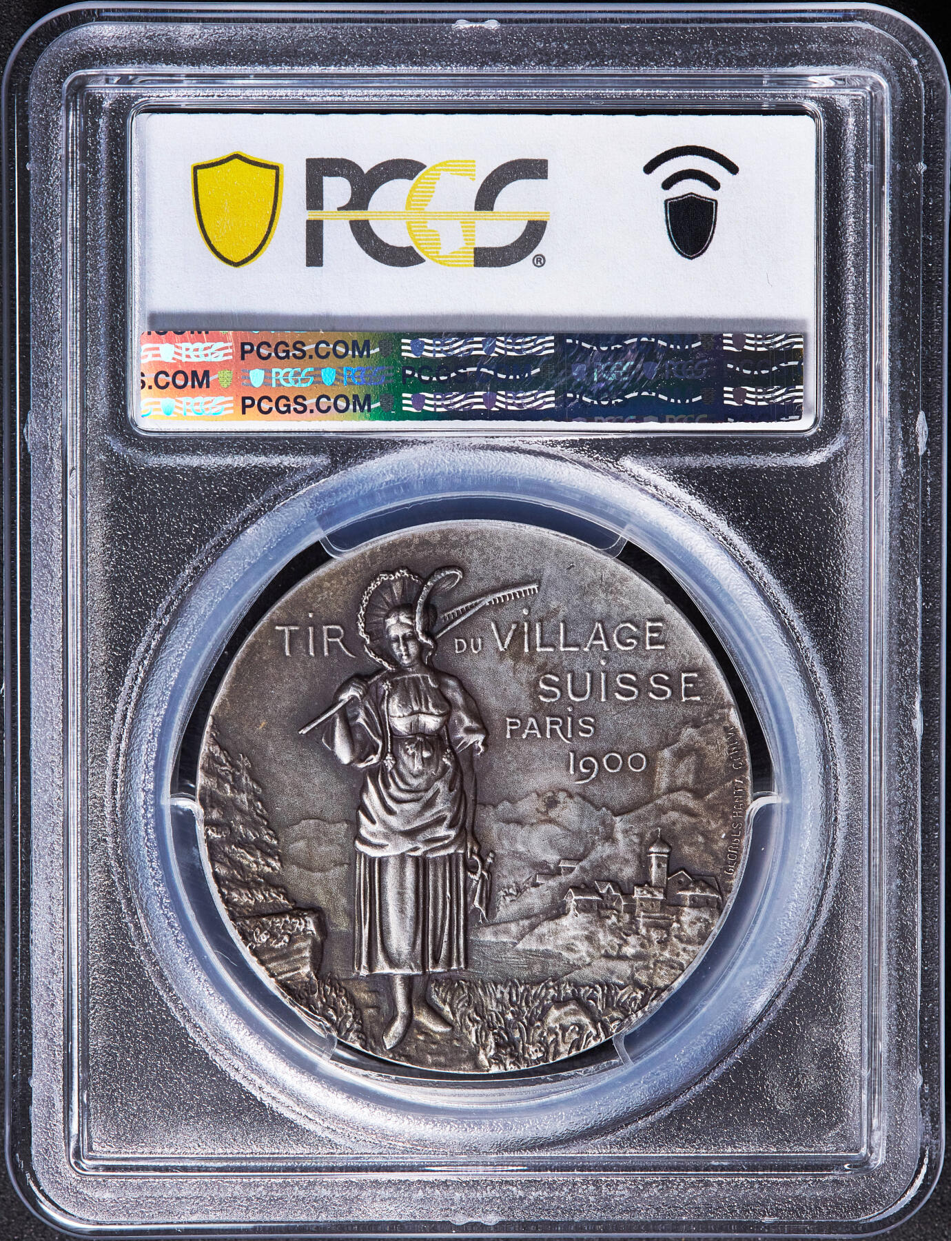 【俄甄集藏】2026年(050)04-01星期三 晚 19:30 全场包邮 瑞士1900年射击协会海尔维蒂亚女神头像乡村射击主题巴黎世博会参展大银章，PCGS SP62，原味酱彩老包浆，高浮雕，雕刻家乔治·汉茨作品，少见品种