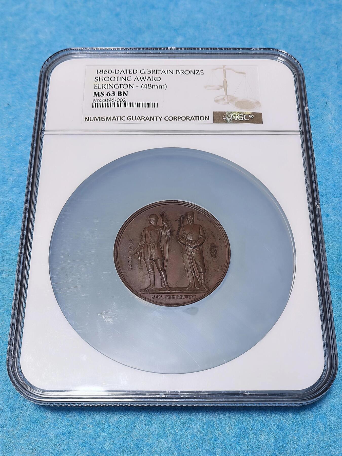 3月28日 🌏全球币章 稀品:1860年 英国《射击奖》48㎜ 大铜章 埃尔金顿铸造 ngc-63