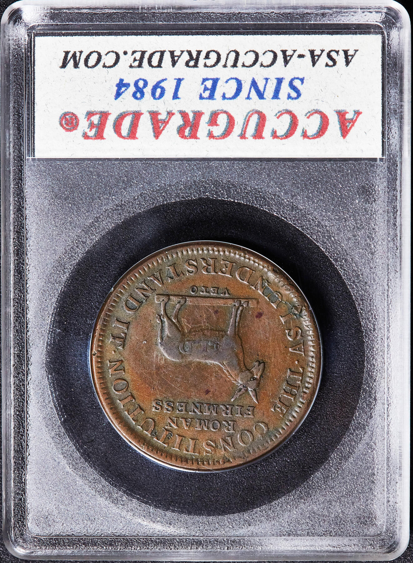 【俄甄集藏】2026年(050)04-01星期三 晚 19:30 全场包邮 美国1837年困难时期安德鲁·杰克逊VETO驴讽刺代用铜币，ACG EF40，经典品种，正面呼应杰克逊“我承担责任”的宣言，背面用驴代指替民主党滥用否决权“VETO”，讽刺杰克逊独裁倾向以及对宪法的曲解