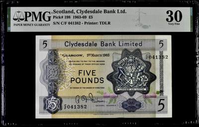 【礼羽收藏】🌏世界钱币拍卖第130期 - 苏格兰 克莱兹戴尔银行 1963-69年5镑 背面国王学院 雕刻非常细腻精美 PMG30 票面完整，性价比高