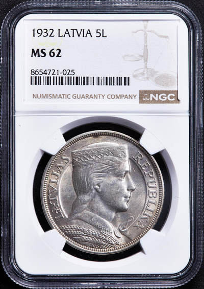 【俄甄集藏】2026年(050)04-01星期三 晚 19:30 全场包邮 - 拉脱维亚1932年女神版5拉特大银币，NGC MS62，原味状态，原光品相，末年份