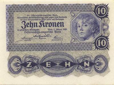 小福收藏拍卖第203期 裸钞场 本期有多张豹子号靓号 仅发行1000枚亚克力砖封蒙古20000图格里克帝国800周年纪念钞 瑞士200法郎 百慕大样钞洋葱冠全套 巴林首版大全套 卡塔尔四张套 越南 保加利亚 马其顿等多国精美纸币 - 奥地利 1922年 10克朗 无47 unc