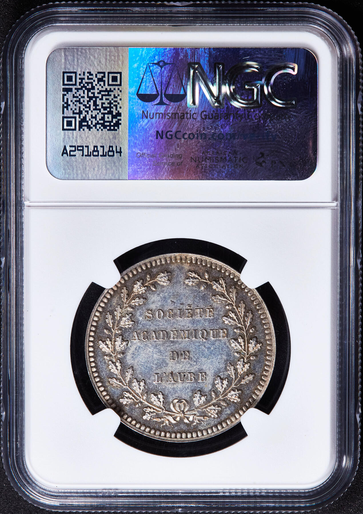 【俄甄集藏】2026年(050)04-01星期三 晚 19:30 全场包邮 法国19世纪奥布省学术协会银质奖章，NGC MS63，直径32mm，底板凝霜，黄油彩包浆，丰饶角铭