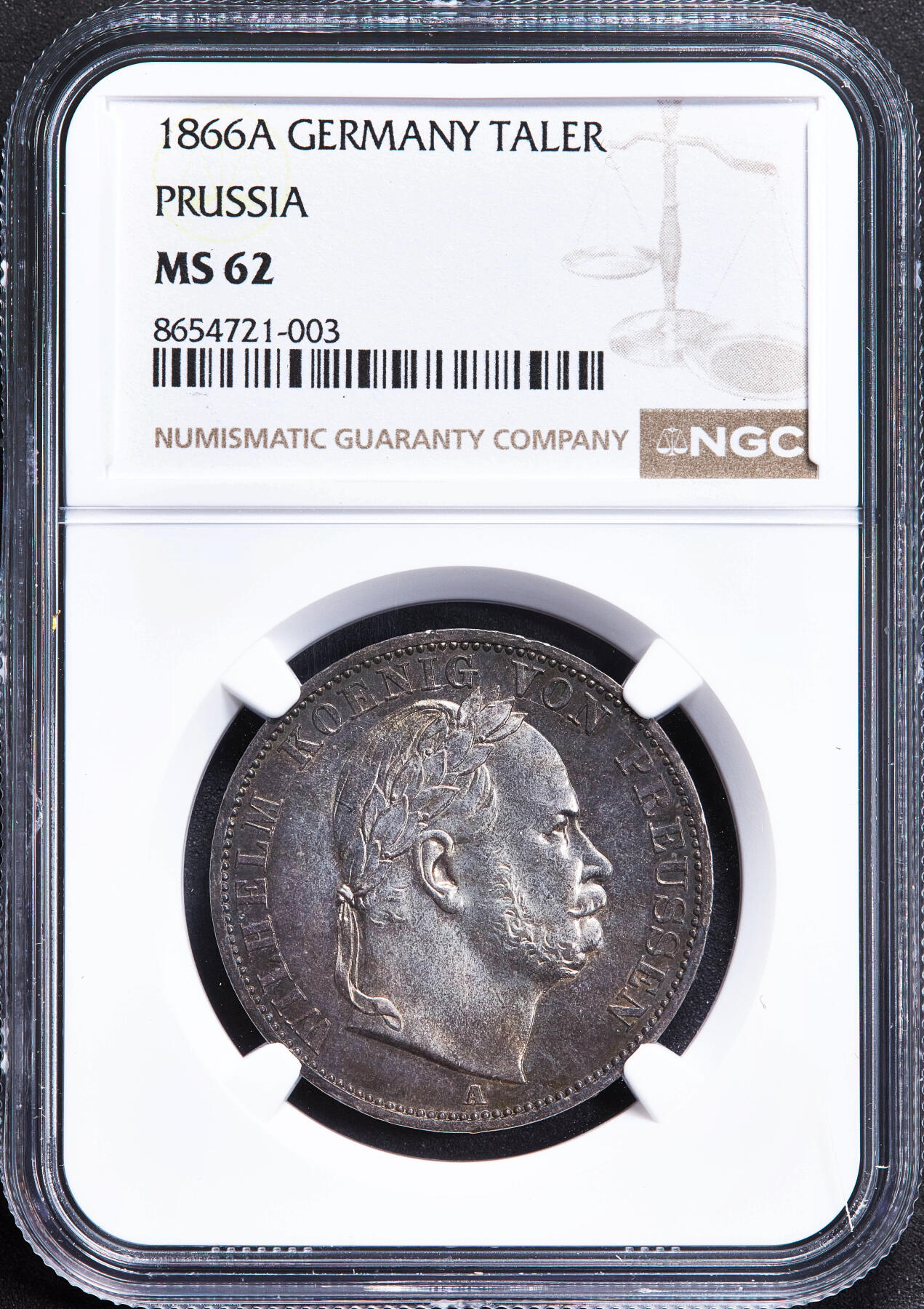 【俄甄集藏】2026年(050)04-01星期三 晚 19:30 全场包邮 德国普鲁士1866年威廉一世A版1泰勒银币，NGC MS62， 酱彩包浆，原光品相，经典品种