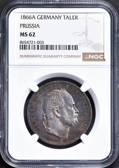【俄甄集藏】2026年(050)04-01星期三 晚 19:30 全场包邮 - 德国普鲁士1866年威廉一世A版1泰勒银币，NGC MS62， 酱彩包浆，原光品相，经典品种