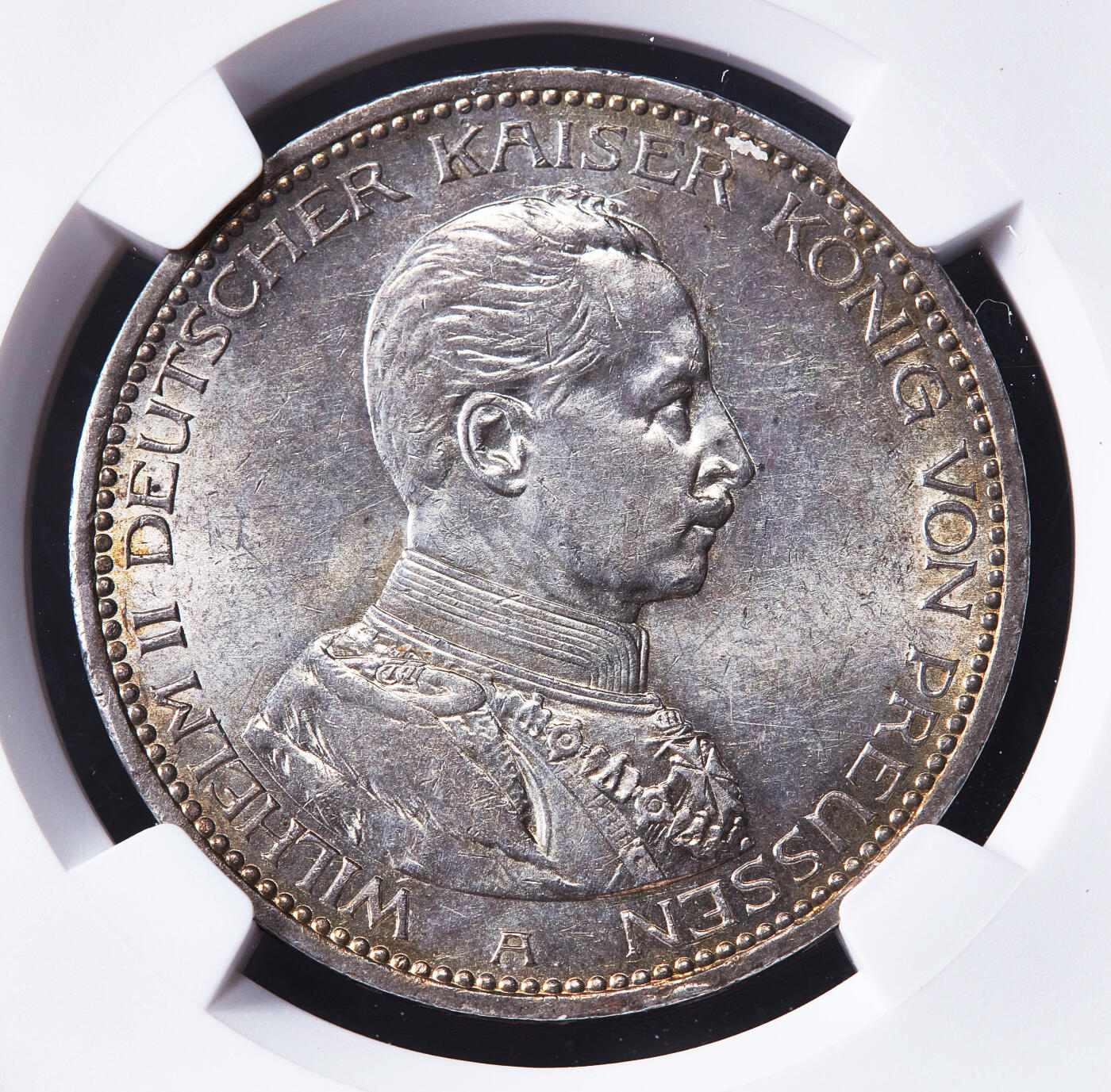【俄甄集藏】2026年(050)04-01星期三 晚 19:30 全场包邮 德国普鲁士1914年威廉二世A版军装5马克大银币，NGC AU58，黄油环彩，原光品相，底板凝霜，疑似低评