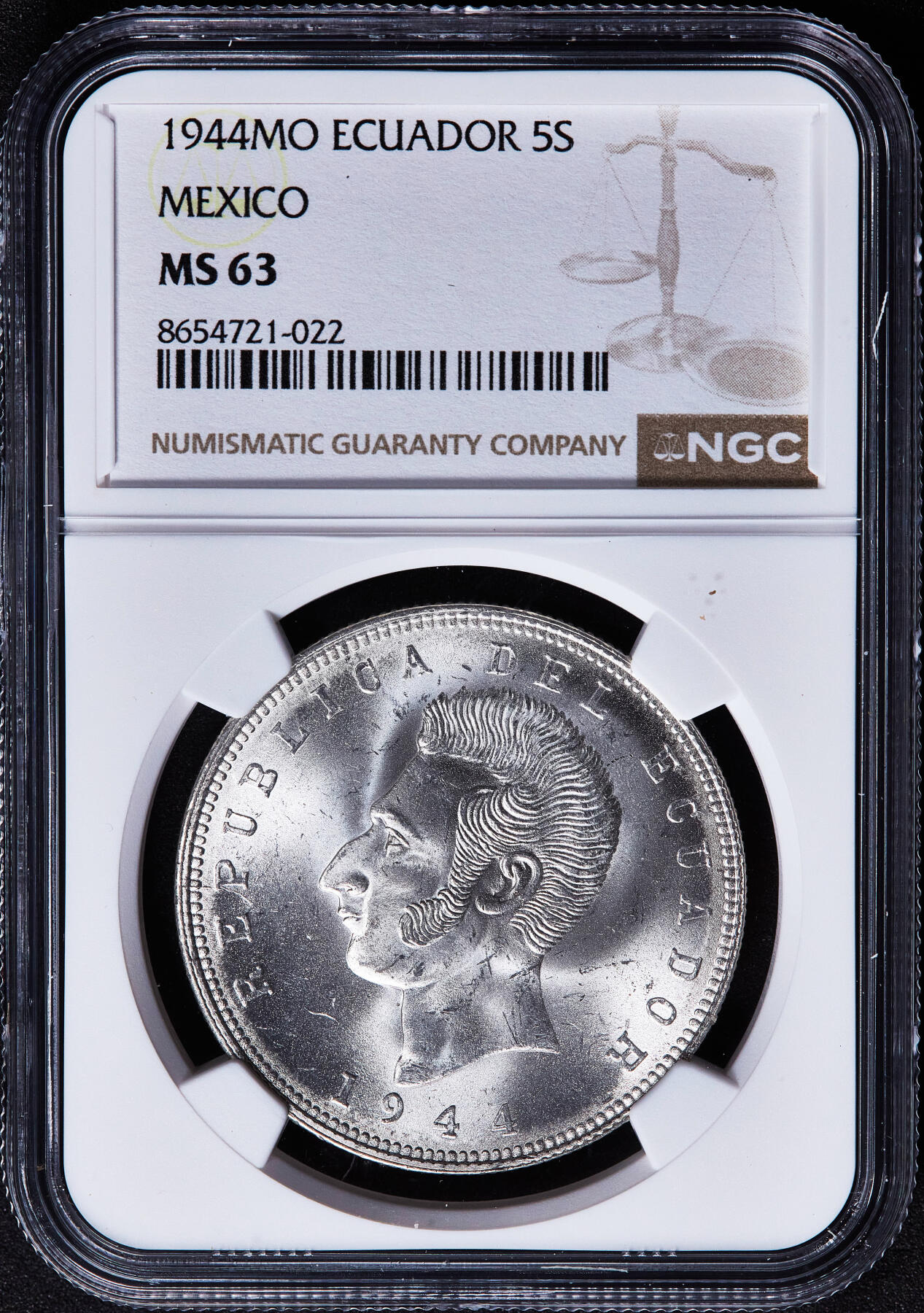 【俄甄集藏】2026年(050)04-01星期三 晚 19:30 全场包邮 厄瓜多尔1944年Mo版首任总统安东尼·苏克雷头像5苏克雷大银币，NGC MS63，转光品相，墨西哥造币厂代铸