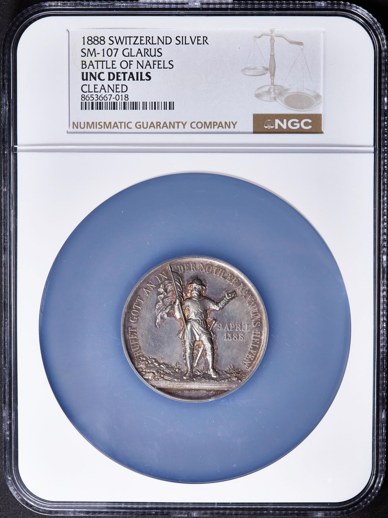【俄甄集藏】2026年(050)04-01星期三 晚 19:30 全场包邮 瑞士1888年纪念反抗奥地利格拉鲁斯战役500周年大银章，NGC UNCD，直径：46mm，原味老包浆，雕刻家夏尔·比勒作品，名誉品种