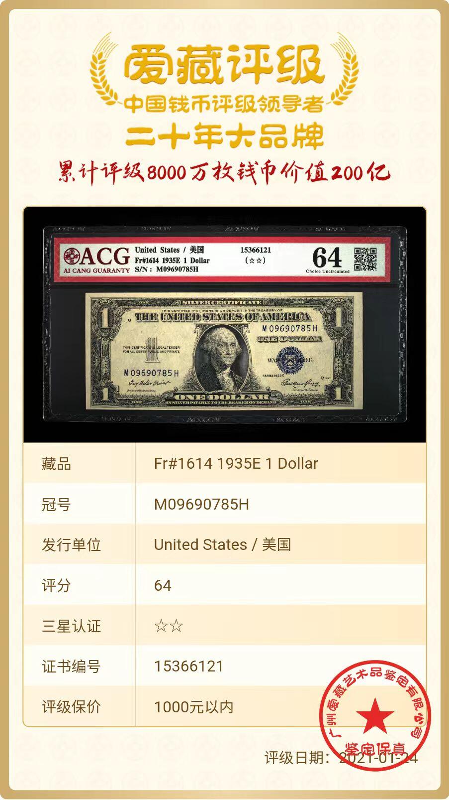 ACG评级美元 蓝库印1美元（错版斜切币）