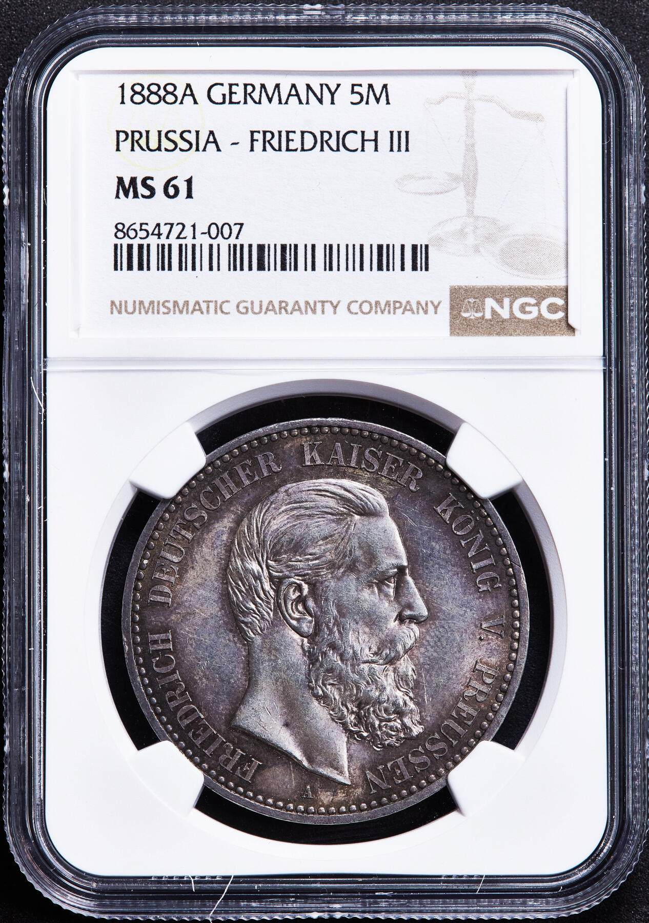 【俄甄集藏】2026年(050)04-01星期三 晚 19:30 全场包邮 德国1888年弗里德里希三世A版短翅5马克大银币，NGC MS61，环彩酱彩老包浆，味道难得，原光品相