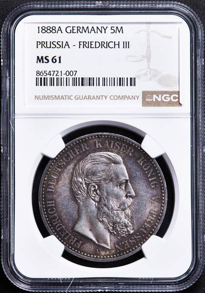 【俄甄集藏】2026年(050)04-01星期三 晚 19:30 全场包邮 - 德国1888年弗里德里希三世A版短翅5马克大银币，NGC MS61，环彩酱彩老包浆，味道难得，原光品相