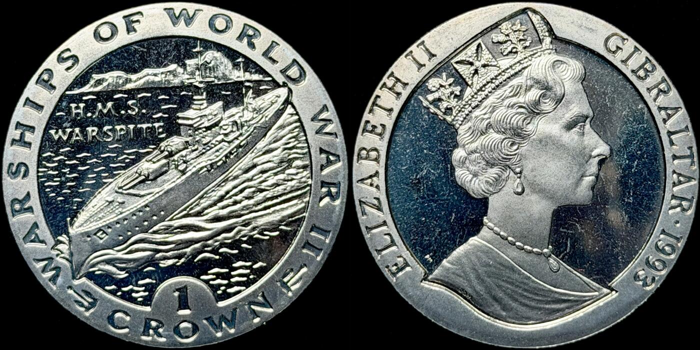 ＜星葵🌻钱币社＞第72期·东奔西走的硬币·3月31日发货 直布罗陀1993年二战战舰·厌战号战列舰1克朗纪念币