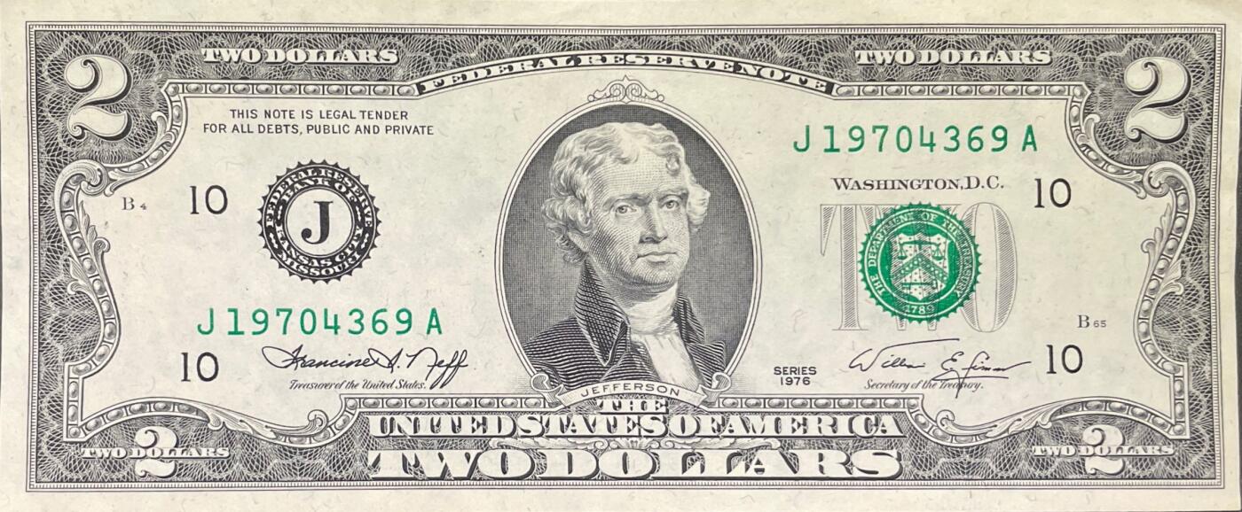 回流0328 美品 堪萨斯城联邦储备银行1976年2美元 纪念独立200周年