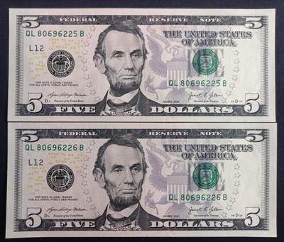 【游宝包邮场】马年第16期 好品组钞场 周六截拍 - 美国-5美元【二连号 SERIES-2021年 全新UNC】