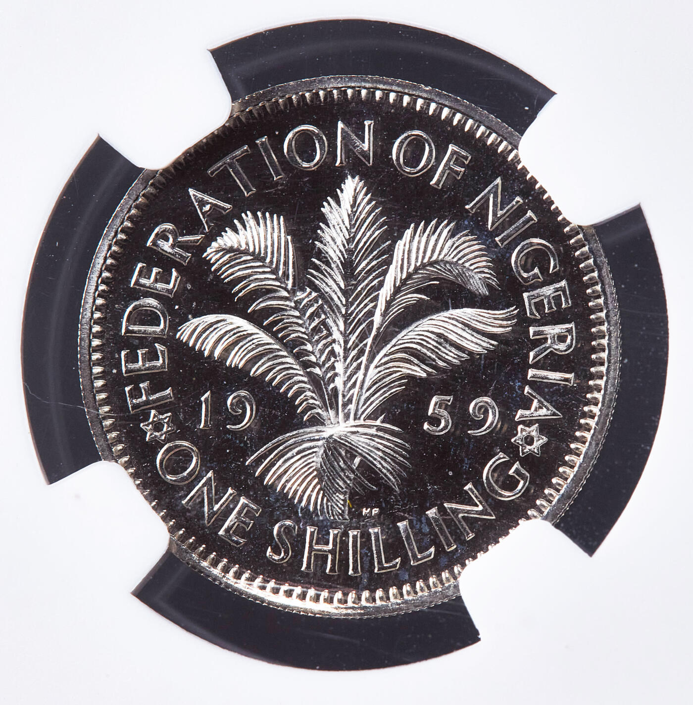 【俄甄集藏】2026年(050)04-01星期三 晚 19:30 全场包邮 英属尼日利亚1959年棕榈叶1先令精制硬币，NGC PF64CA，发行量6031枚，稀有品种