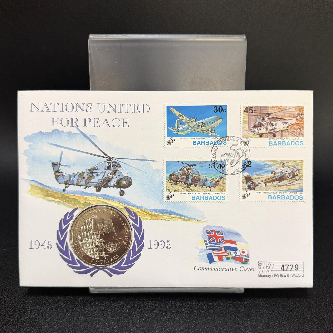 ＜星葵🌻钱币社＞第72期·东奔西走的硬币·3月31日发货 〈邮币封〉巴巴多斯1995年联合国成立50周年5元克朗型纪念币