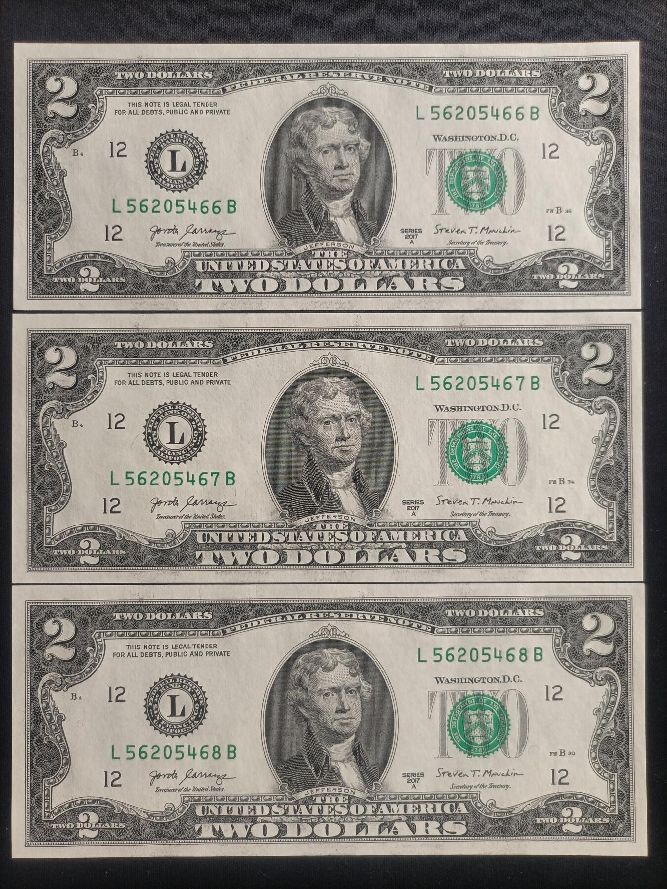 【游宝包邮场】马年第16期 好品组钞场 周六截拍 美国-2美元【五连号 SERIES-2017A L56205466~470 全新UNC】