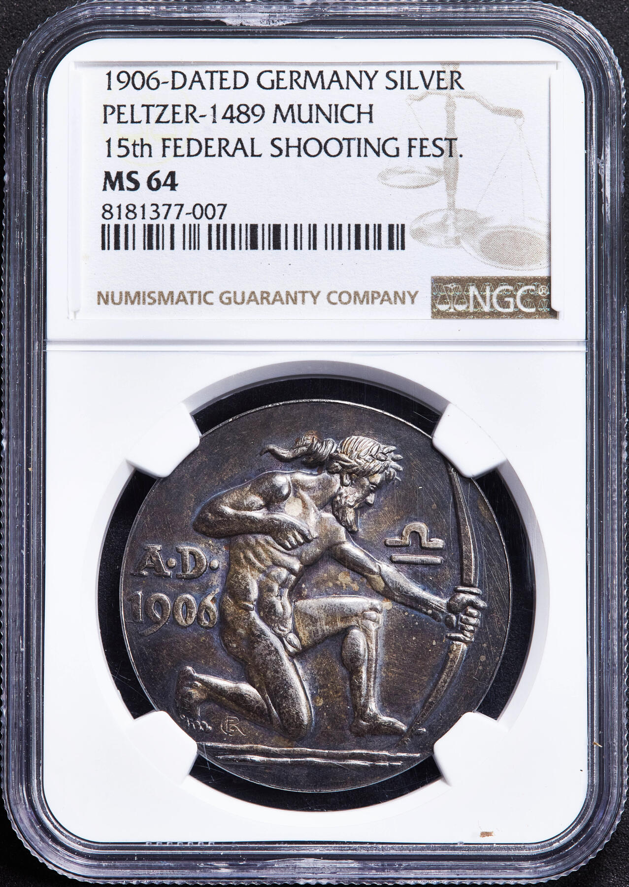 【俄甄集藏】2026年(050)04-01星期三 晚 19:30 全场包邮 德国1906年纪念慕尼黑第15届联邦射击节银章，NGC MS64，酱彩老包浆，设计精美，名誉品种